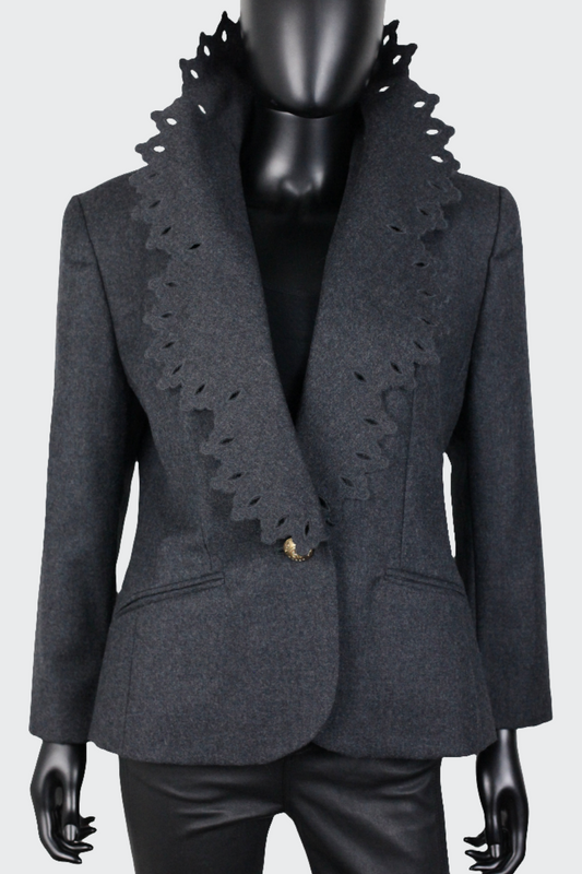 veste blazer gris laine col perforé Guy Laroche Ekinox vintage haute couture vintage luxury secondhand 