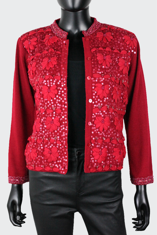 Gilet rouge à broderies fleurs et perles Fuego