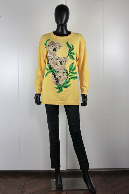 Pull jaune koalas Escada vintage 80 Ekinox vintage vêtement vintage de grands couturiers créateurs seconde main luxe haute couture slow fashion