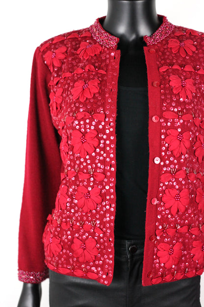 Gilet rouge à broderies fleurs et perles Fuego