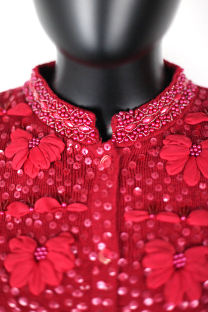 Gilet rouge à broderies fleurs et perles Fuego