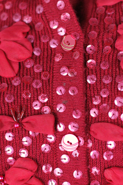 Gilet rouge à broderies fleurs et perles Fuego