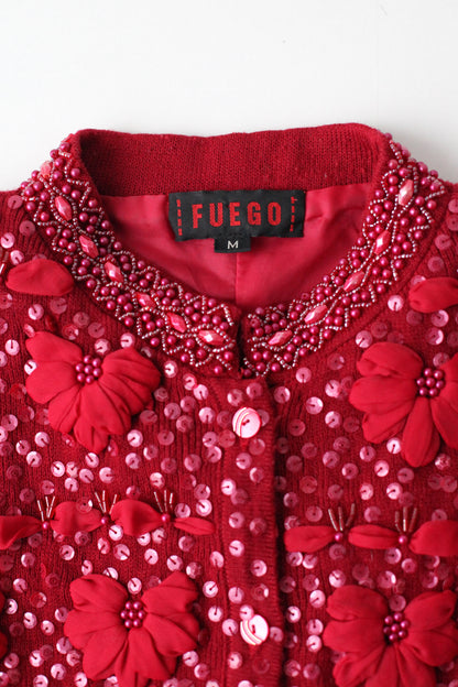 Gilet rouge à broderies fleurs et perles Fuego