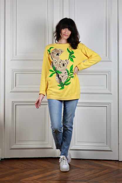 Pull jaune motifs koalas Escada