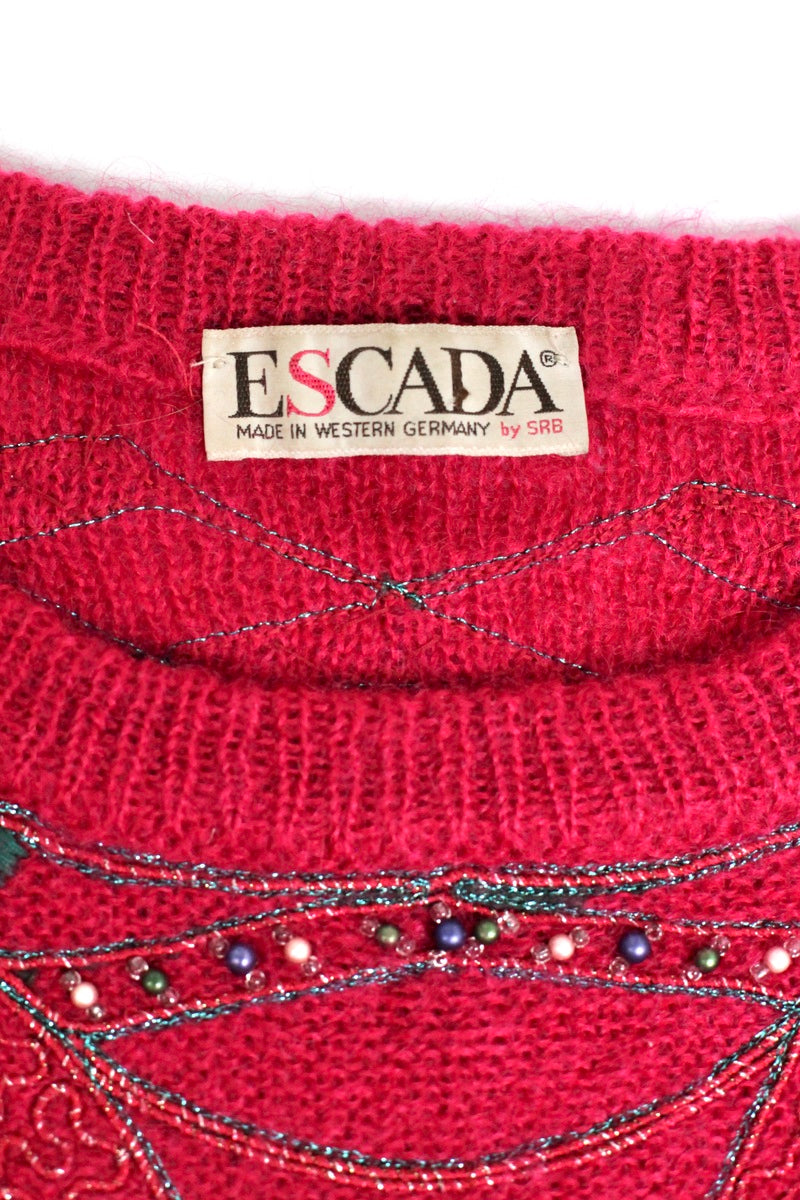 Pull rouge broderies perles Escada vintage 80 Ekinox vintage vêtement vintage de grands couturiers créateurs seconde main luxe haute couture slow fashion