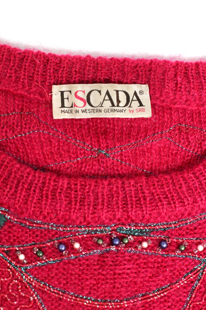 Pull rouge broderies perles Escada vintage 80 Ekinox vintage vêtement vintage de grands couturiers créateurs seconde main luxe haute couture slow fashion