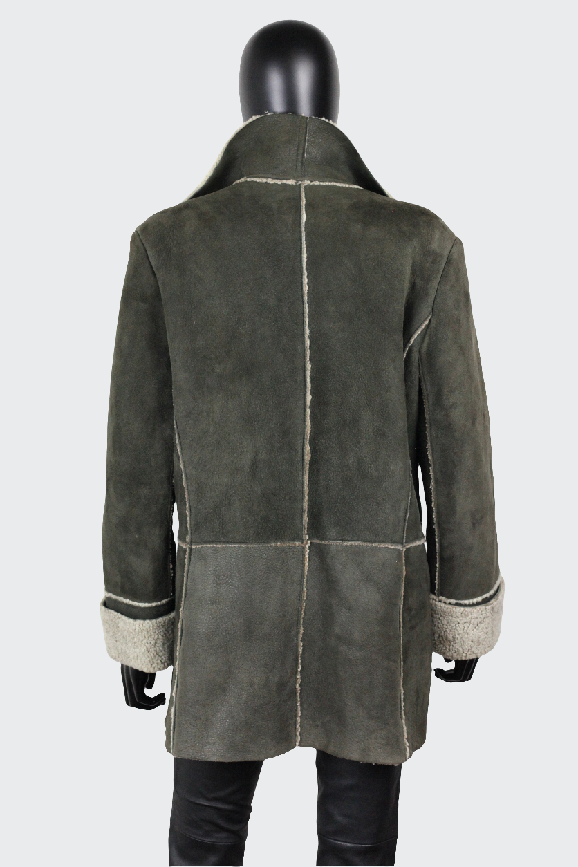 Manteau veste kaki peau retournée cuir agneau toscane Nina Ricci vintage Ekinox vintage vêtement vintage de grands couturiers créateurs seconde main luxe haute couture slow fashion