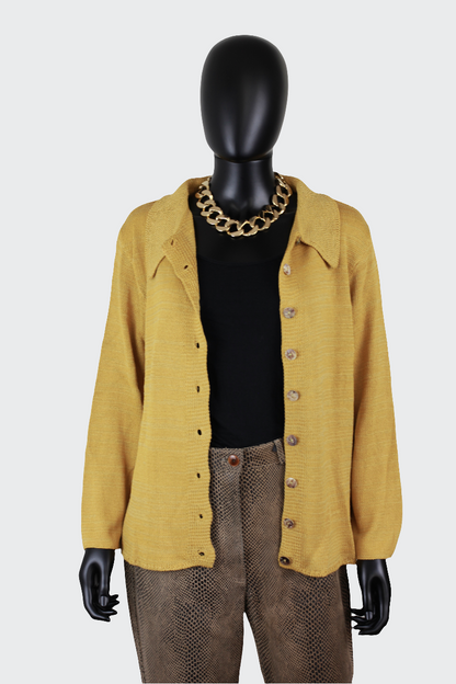 Gilet cardigan moutarde Yves Saint Laurent Rive Gauche 80 YSL Ekinox vintage vêtement vintage de grands couturiers créateurs seconde main luxe haute couture slow fashion