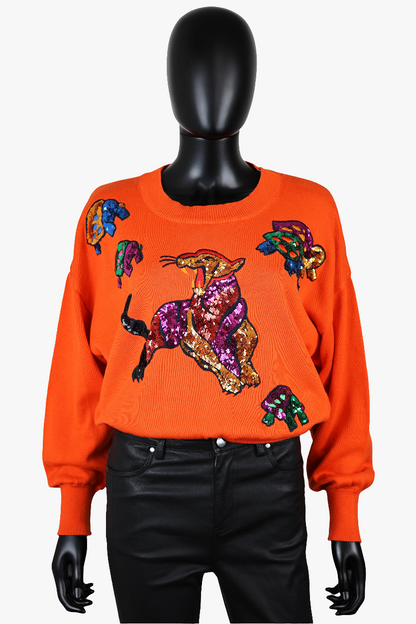 Pull orange broderies animaux en sequins Escada