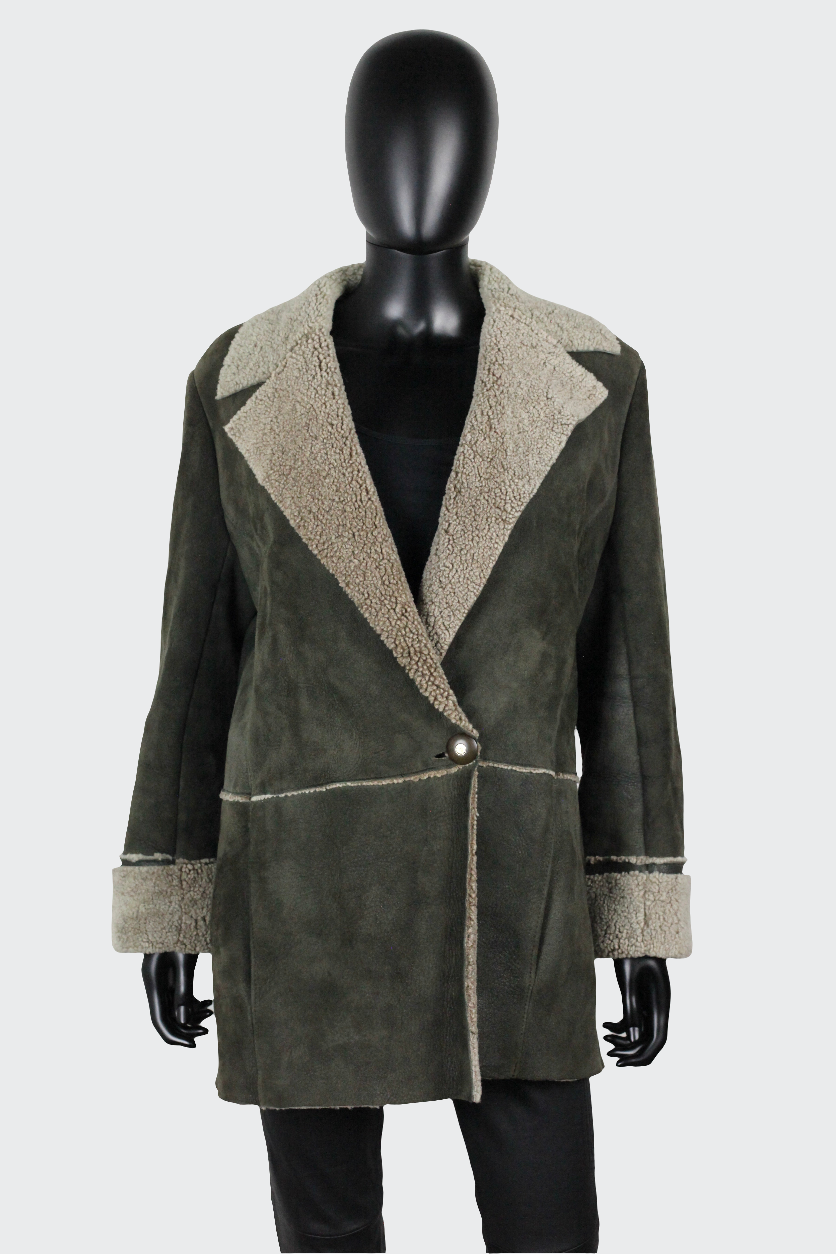 Manteau veste kaki peau retournée cuir agneau toscane Nina Ricci vintage Ekinox vintage vêtement vintage de grands couturiers créateurs seconde main luxe haute couture slow fashion