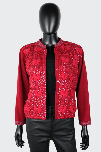 Gilet rouge à broderies fleurs et perles Fuego