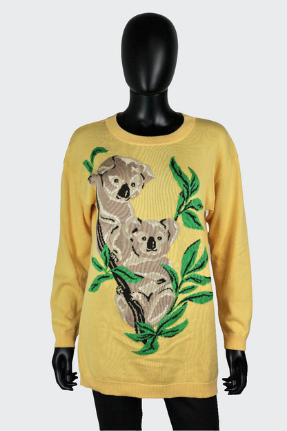 Pull jaune koalas Escada vintage 80 Ekinox vintage vêtement vintage de grands couturiers créateurs seconde main luxe haute couture slow fashion