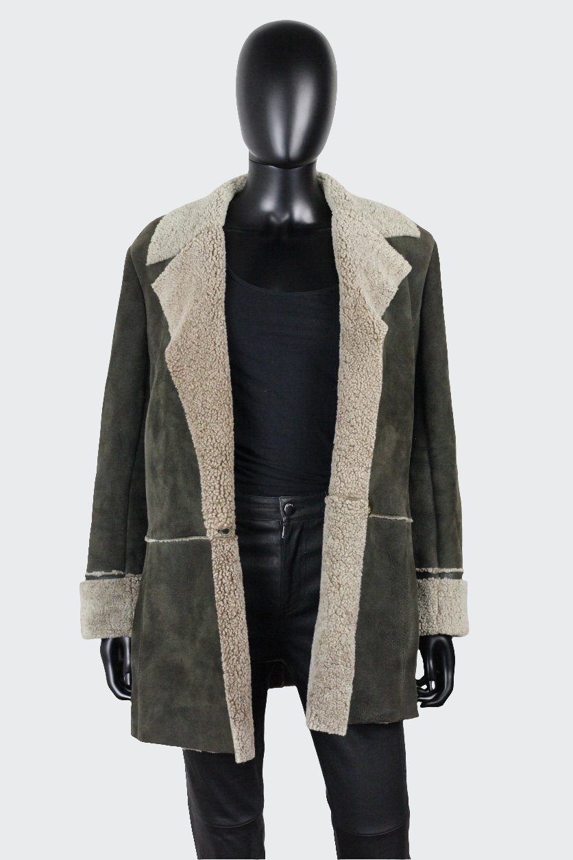 Manteau veste kaki peau retournée cuir agneau toscane Nina Ricci vintage Ekinox vintage vêtement vintage de grands couturiers créateurs seconde main luxe haute couture slow fashion