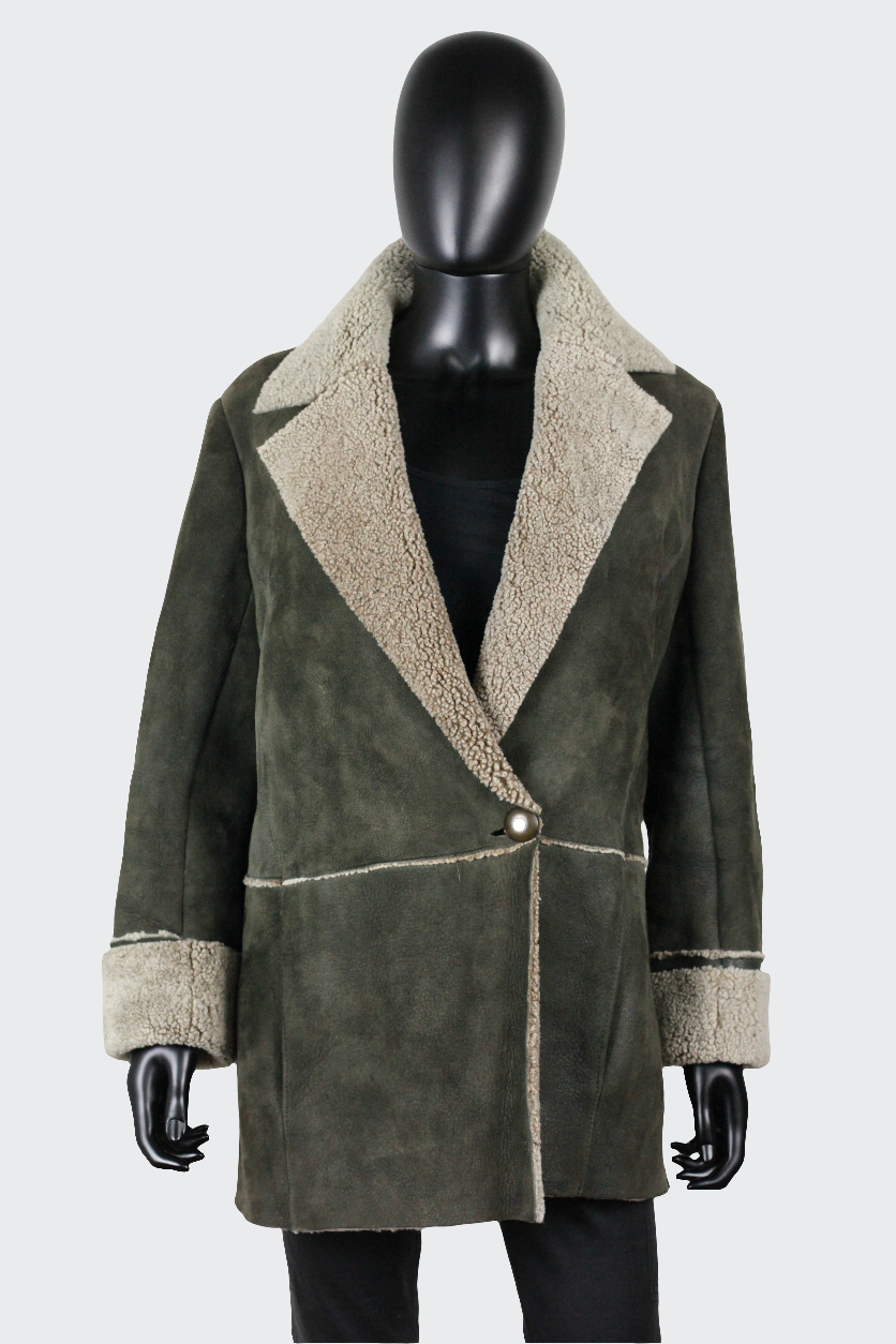 Manteau veste kaki peau retournée cuir agneau toscane Nina Ricci vintage Ekinox vintage vêtement vintage de grands couturiers créateurs seconde main luxe haute couture slow fashion