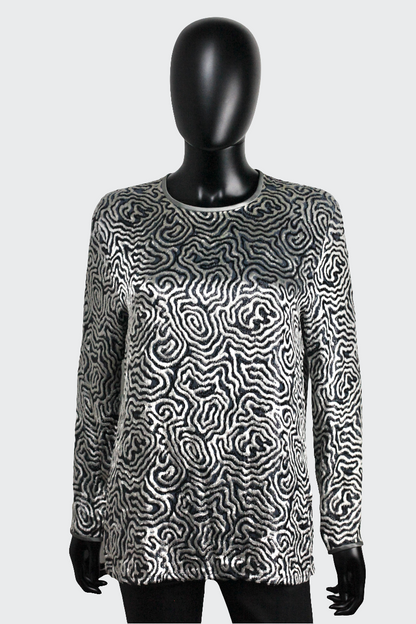 Top soie motifs psychédéliques noir et blanc Escada vintage Ekinox vintage vêtement vintage de grands couturiers créateurs seconde main luxe haute couture slow fashion