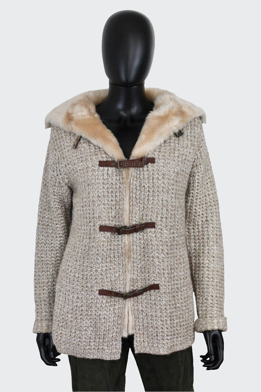 Gilet cardigan écru Georges Rech fourrure laine hiver Ekinox vintage vêtement vintage de grands couturiers créateurs seconde main luxe haute couture slow fashion