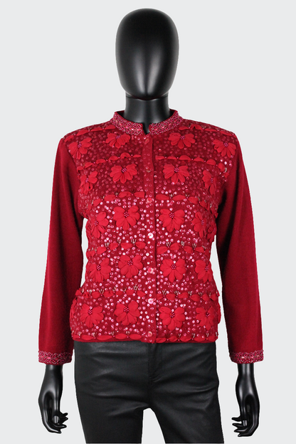 Gilet rouge à broderies fleurs et perles Fuego