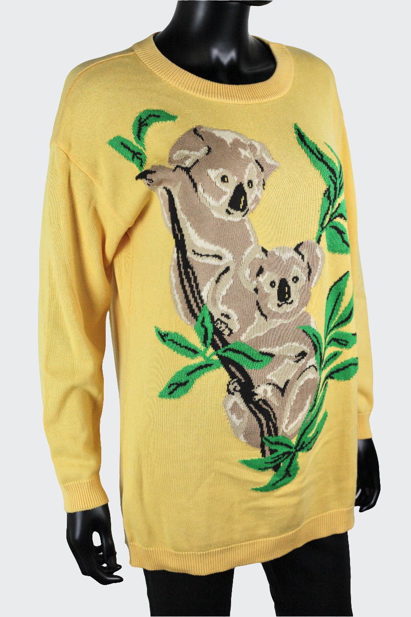 Pull jaune koalas Escada vintage 80 Ekinox vintage vêtement vintage de grands couturiers créateurs seconde main luxe haute couture slow fashion