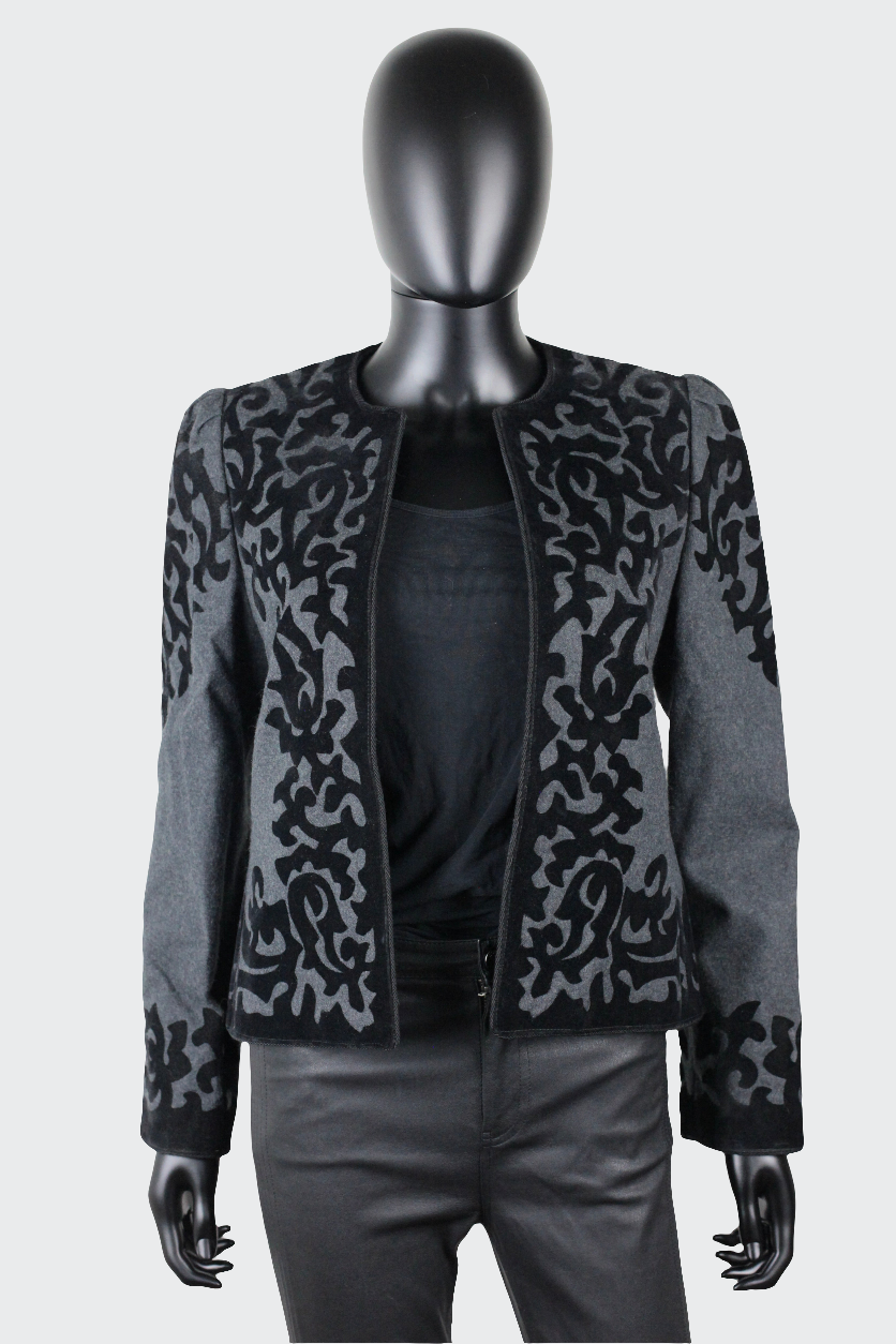 Veste blazer vintage Louis Féraud gris laine motifs baroques Ekinox vintage vêtement vintage de grands couturiers créateurs seconde main luxe haute couture slow fashion