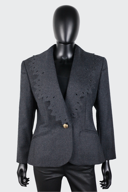 veste blazer gris laine col perforé Guy Laroche Ekinox vintage haute couture vintage luxury secondhand 