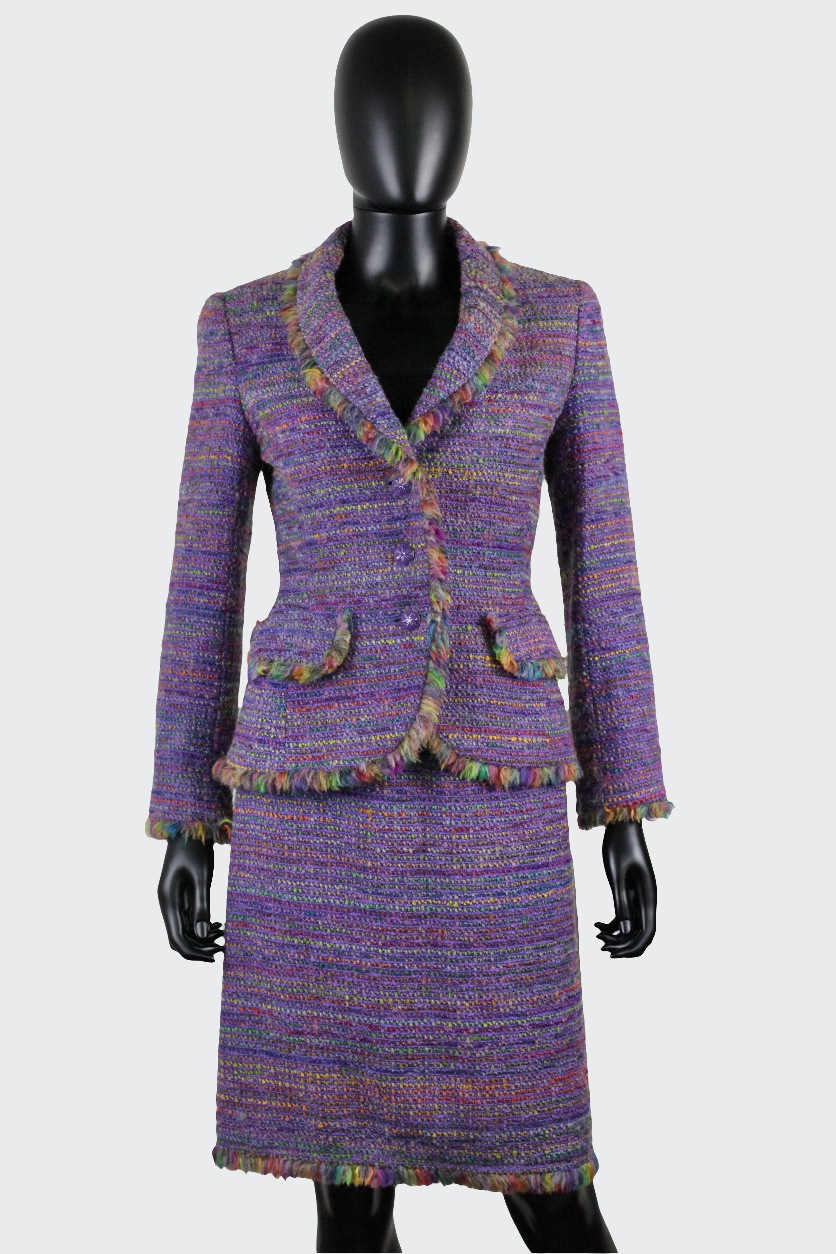 Tailleur-jupe en tweed multicolore Georges Rech vintage Ekinox vintage vêtement vintage de grands couturiers créateurs seconde main luxe haute couture slow fashion