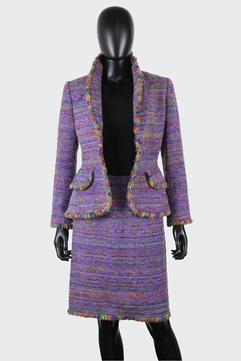 Tailleur-jupe en tweed multicolore Georges Rech vintage Ekinox vintage vêtement vintage de grands couturiers créateurs seconde main luxe haute couture slow fashion