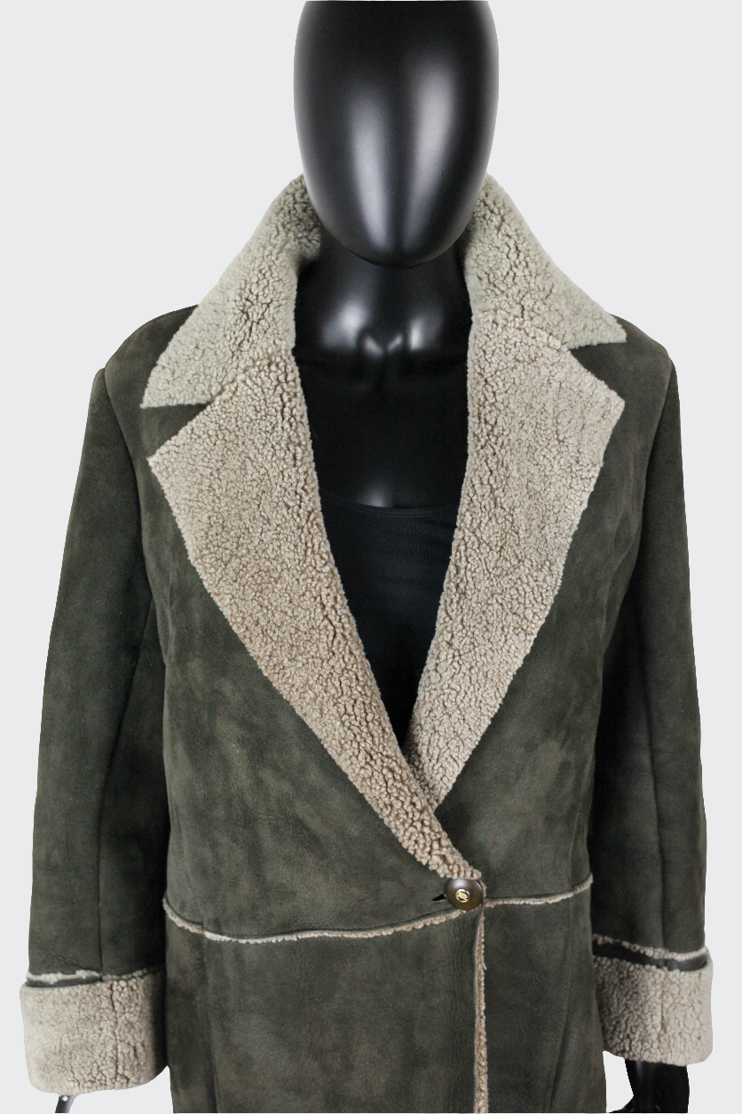 Manteau veste kaki peau retournée cuir agneau toscane Nina Ricci vintage Ekinox vintage vêtement vintage de grands couturiers créateurs seconde main luxe haute couture slow fashion